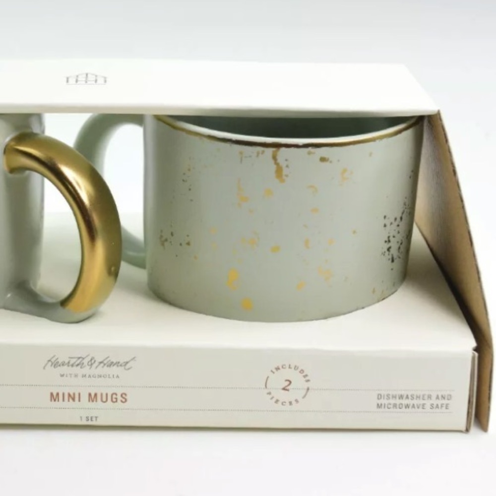 MAGNOLIA | Set (2) Sage Mint Grn & Gold Mini Mugs - Picture 3 of 3